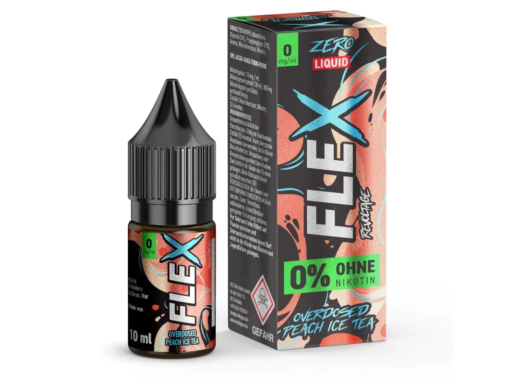 Revoltage Flex Overdosed Peach Ice Tea 10ml Nikotinsalz-Liquid – Flasche mit Verpackungsbox, rot-grüne Grafik, 0% Nikotin