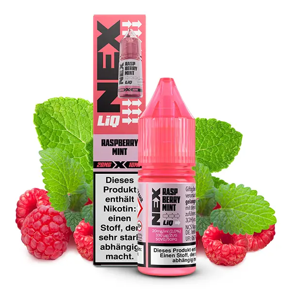 PodSalt NexLiq Raspberry Mint 10ml Nikotinsalz-Liquid – pinkfarbene Flasche zwischen frischen Himbeeren und Minze