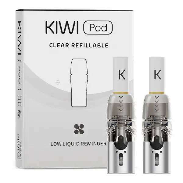 KIWI 2 Ersatz-Pod 0,8 Ohm in transparenter Ausführung, 2er-Pack in Verpackung mit herausgelegten Pods