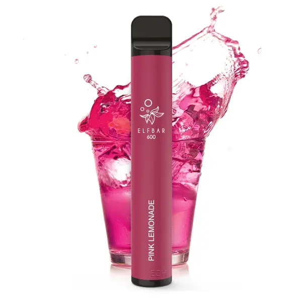 Elfbar 600 Einweg E-Zigarette Pink Lemonade in Pink vor pinkem Getränke-Spritzer, 20 mg/ml
