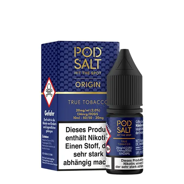PodSalt Origin True Tobacco 10ml Nikotinsalz-Liquid Flasche mit blauer Verpackungsschachtel