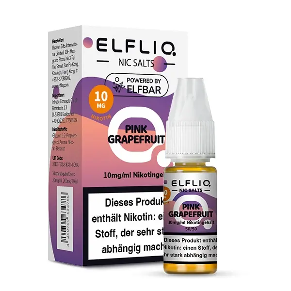 Elfliq Pink Grapefruit Nikotinsalz-Liquid 10ml Flasche mit Verpackung, lila-rosa Design, 10mg Stärke