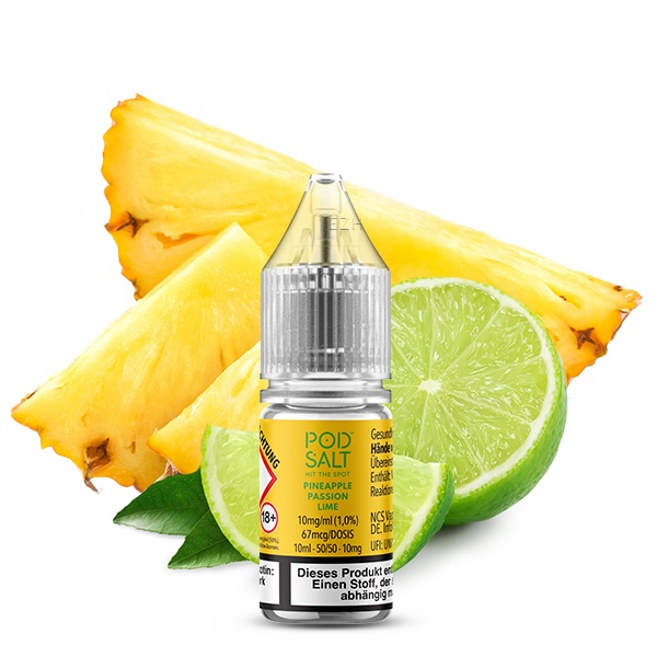 PodSalt Xtra Pineapple Passion Lime 10ml Nikotinsalz-Liquid – Flakon mit Ananas und Limette im Hintergrund