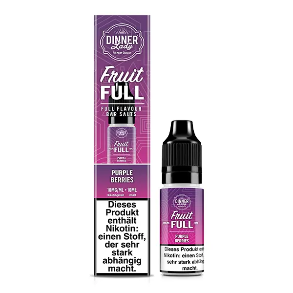 Dinner Lady Fruit Full Purple Berries 10ml Nikotinsalz-Liquid, Verpackungskarton und Flasche nebeneinander, lila Farbgebung