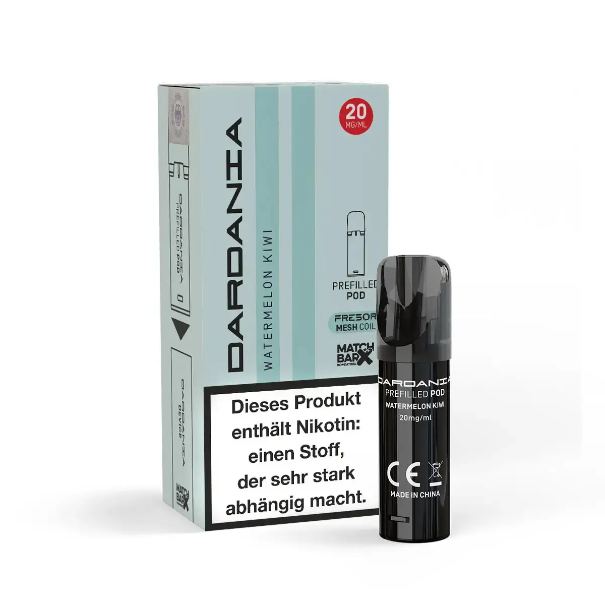 Dardania Prefilled Pod Watermelon Kiwi in mintgrüner Verpackung mit zwei schlanken Pods, 20mg