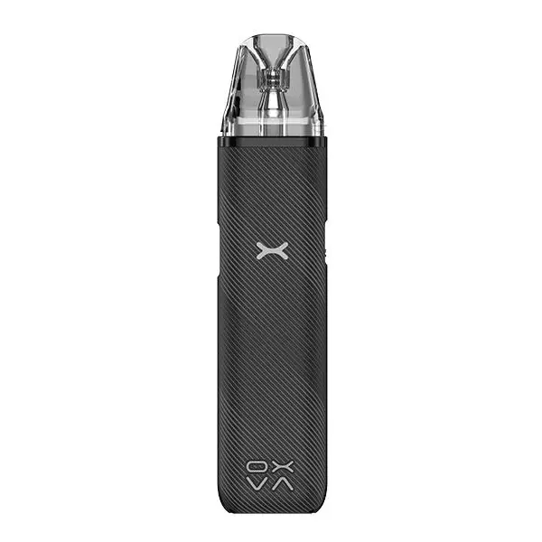 Oxva Xlim Go Pod Kit in Schwarz mit Carbon-Textur und transparentem Pod, Frontansicht