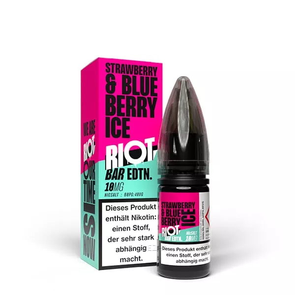 Riot Squad Bar Edition Strawberry Blueberry Ice 10ml Nikotinsalz-Liquid – Flasche mit pink-türkisem Etikett, Seitenansicht