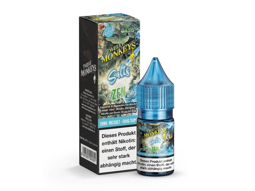 Twelve Monkeys Iced Zen 10ml Nikotinsalz-Liquid – blaue Flasche mit grün-goldener Verpackung