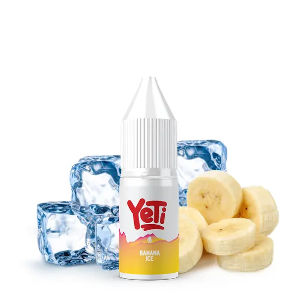 Yeti Summit Banana Ice Nikotinsalz-Liquid – 10ml Flasche mit Eiswürfeln und Bananenscheiben als Motiv