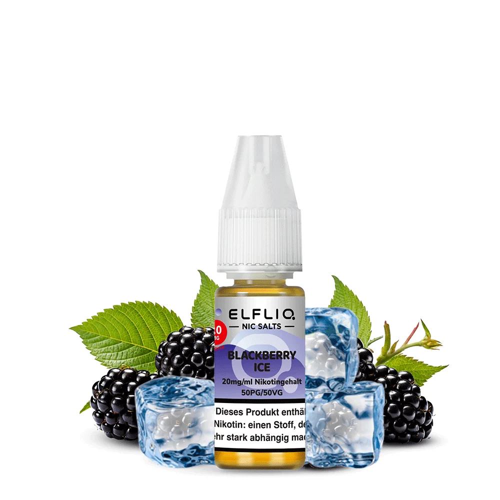 Elfbar Elfliq Blackberry Ice 10ml Nikotinsalz-Liquid, dunkle Flasche mit Brombeeren und Eiswürfeln