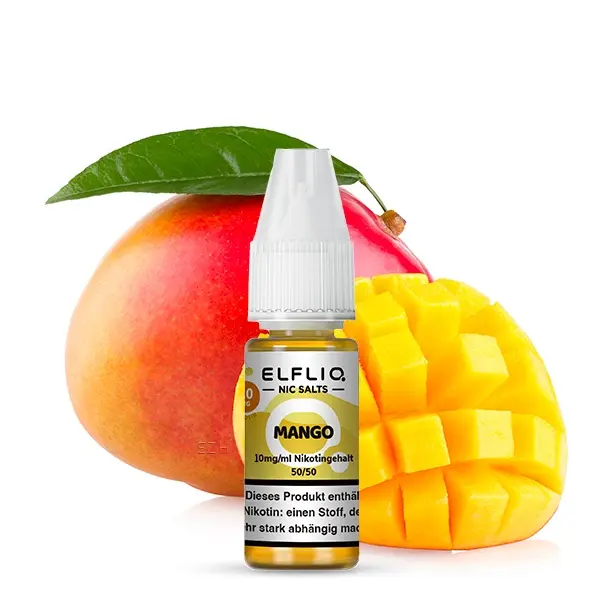 Elfliq Mango 10ml Nikotinsalz-Liquid Flasche freistehend vor frischen Mangofrüchten