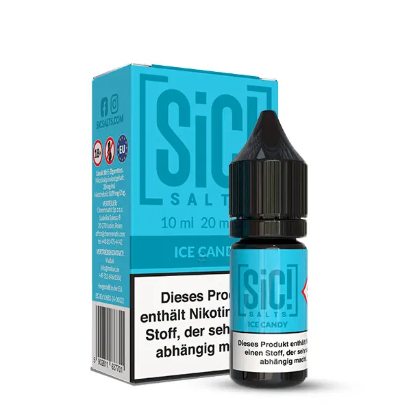 SiC! Salts Ice Candy 10ml Nikotinsalz-Liquid – Flasche mit blauer Verpackungsschachtel, Frontansicht