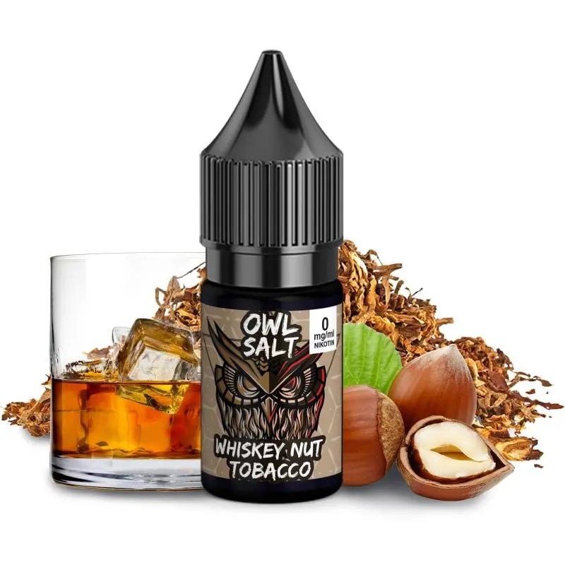 OWL Salt Whiskey Nut Tobacco 10ml Nikotinsalz-Liquid Flasche mit Whiskeyglas und Haselnüssen, 6mg