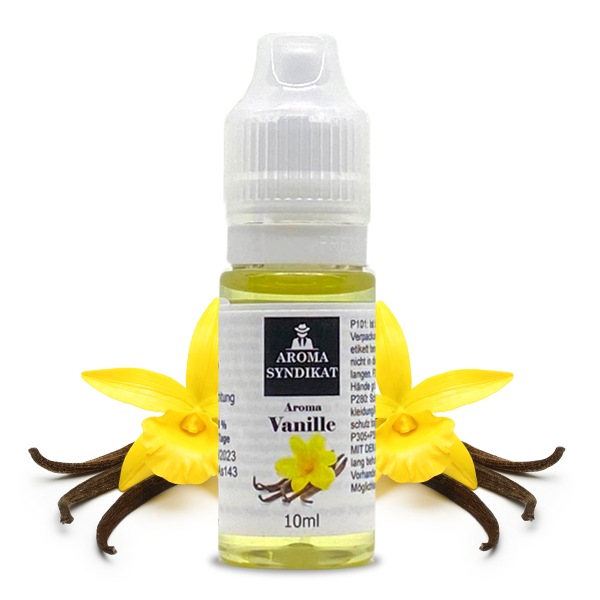 Aroma Syndikat Vanille 10ml Aroma in kleiner Flasche mit gelber Vanilleblüte auf dem Etikett