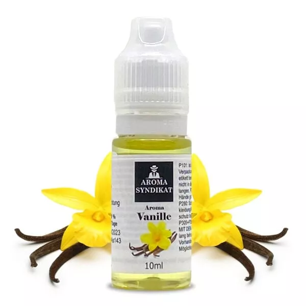 source733043.jpg Aroma Syndikat Vanille 10ml Aroma in kleiner Flasche mit gelber Vanilleblüte auf dem Etikett