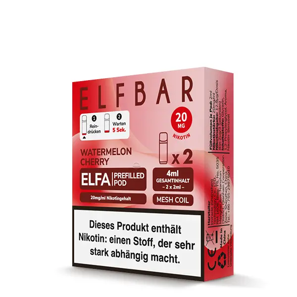 elfbar-elfa-watermelon-cherry-2iaI5rKwrr5BDa.jpg Elfbar Elfa Prefilled Pod Watermelon Cherry 20mg/ml – 2er-Packung in roter Box mit Produktinformationen