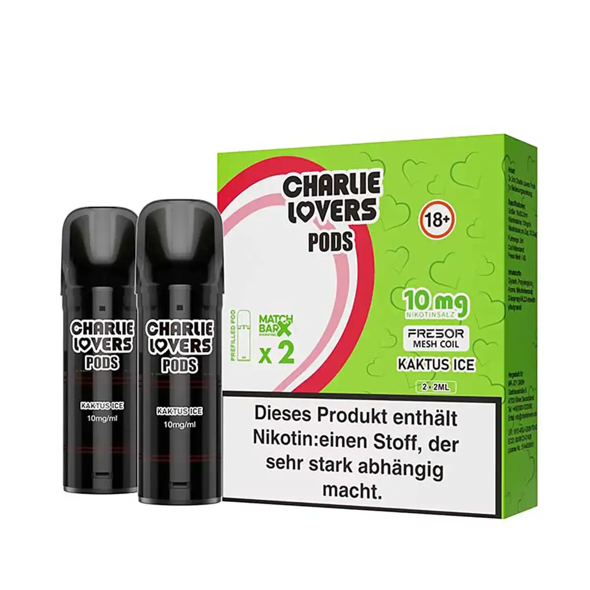 charlie-lovers-prefilled-pods-matchbar-2-stueck-kaktus-ice-steuerware.png Zwei Charlie Lovers Prefilled Pods Kaktus Ice 10mg mit grün-weißer Verpackung, Frontansicht