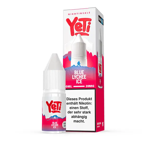 Yeti Summit Blue Lychee Ice 10ml Nikotinsalz-Liquid Flasche mit weißer Verpackungsschachtel, Seitenansicht
