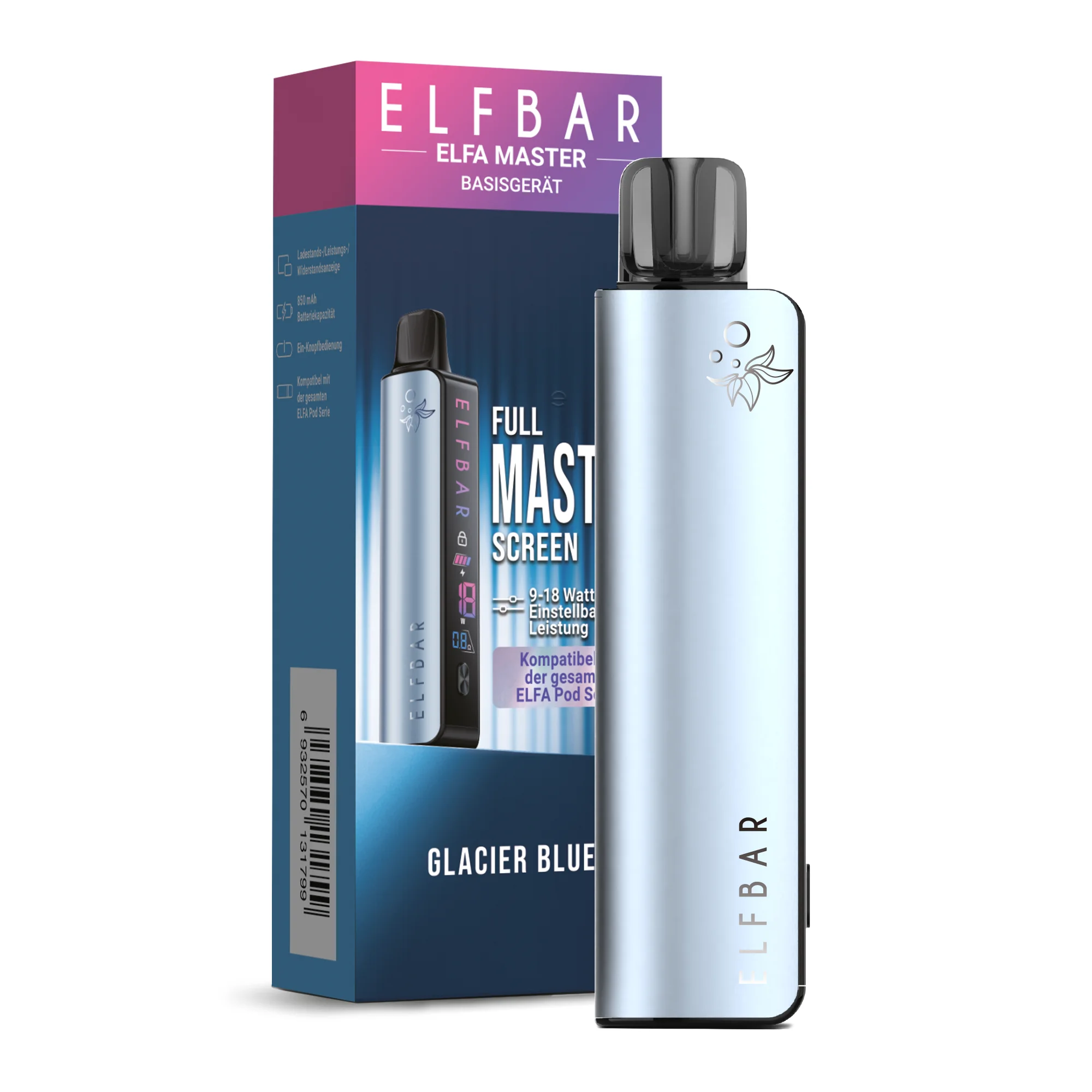 glacier-blue-2LvUzbYtgW2IhP.png Elfbar Elfa Master Basisgerät in Glacier Blue – hellblaues Gerät mit blauer Verpackung