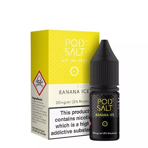 PodSalt Banana Ice Nikotinsalz-Liquid 10ml, Flasche und gelbe Verpackung Frontansicht