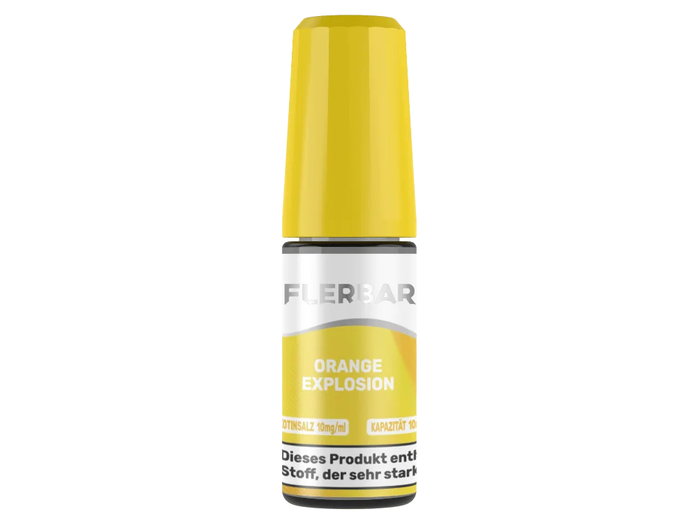 Flerbar Orange Explosion 10ml Nikotinsalz-Liquid, gelbe 10ml Flasche mit gelbem Deckel, Seitenansicht