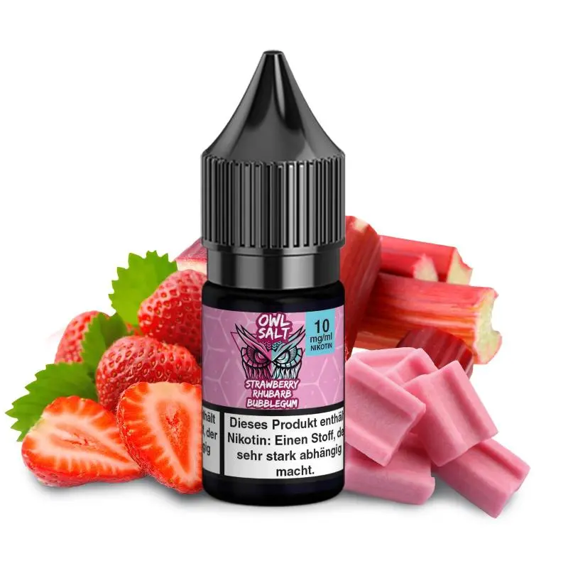 OWL Salt Strawberry Rhubarb Bubblegum 10ml Nikotinsalz-Liquid, pinke Flasche mit Erdbeeren und Kaugummi-Motiv
