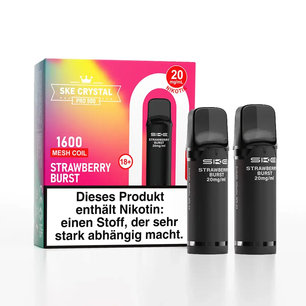 SKE Crystal 800 Pro Prefilled Pod Strawberry Burst – 2er-Packung mit Verpackung und zwei schwarzen Pods