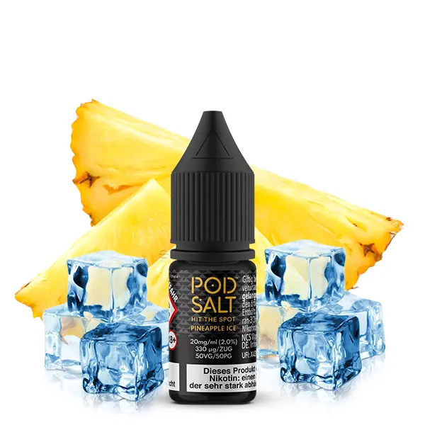 PodSalt Pineapple Ice Nikotinsalz-Liquid 10ml – schwarze Flasche mit goldenem Etikett vor Ananasstücken und Eiswürfeln