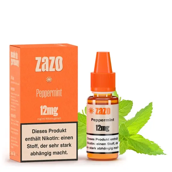 ZAZO Classics Peppermint 10ml Liquid – orange-grüne Schachtel mit 12mg-Flasche und Minzblättern