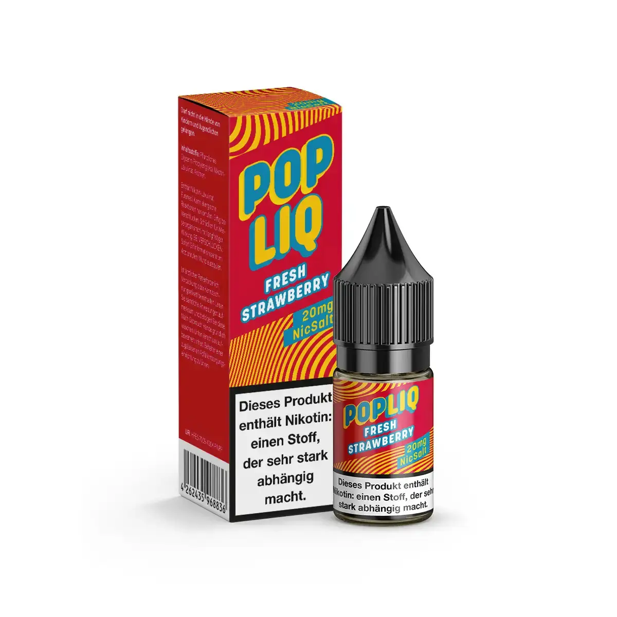 PopLiq Fresh Strawberry 10ml Nikotinsalz-Liquid – Flasche und Karton in Rot-Orange, Seitenansicht