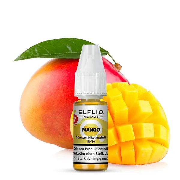 Elfliq Mango 10ml Nikotinsalz-Liquid Flasche vor einer halbierten Mango als Fruchtdekoration