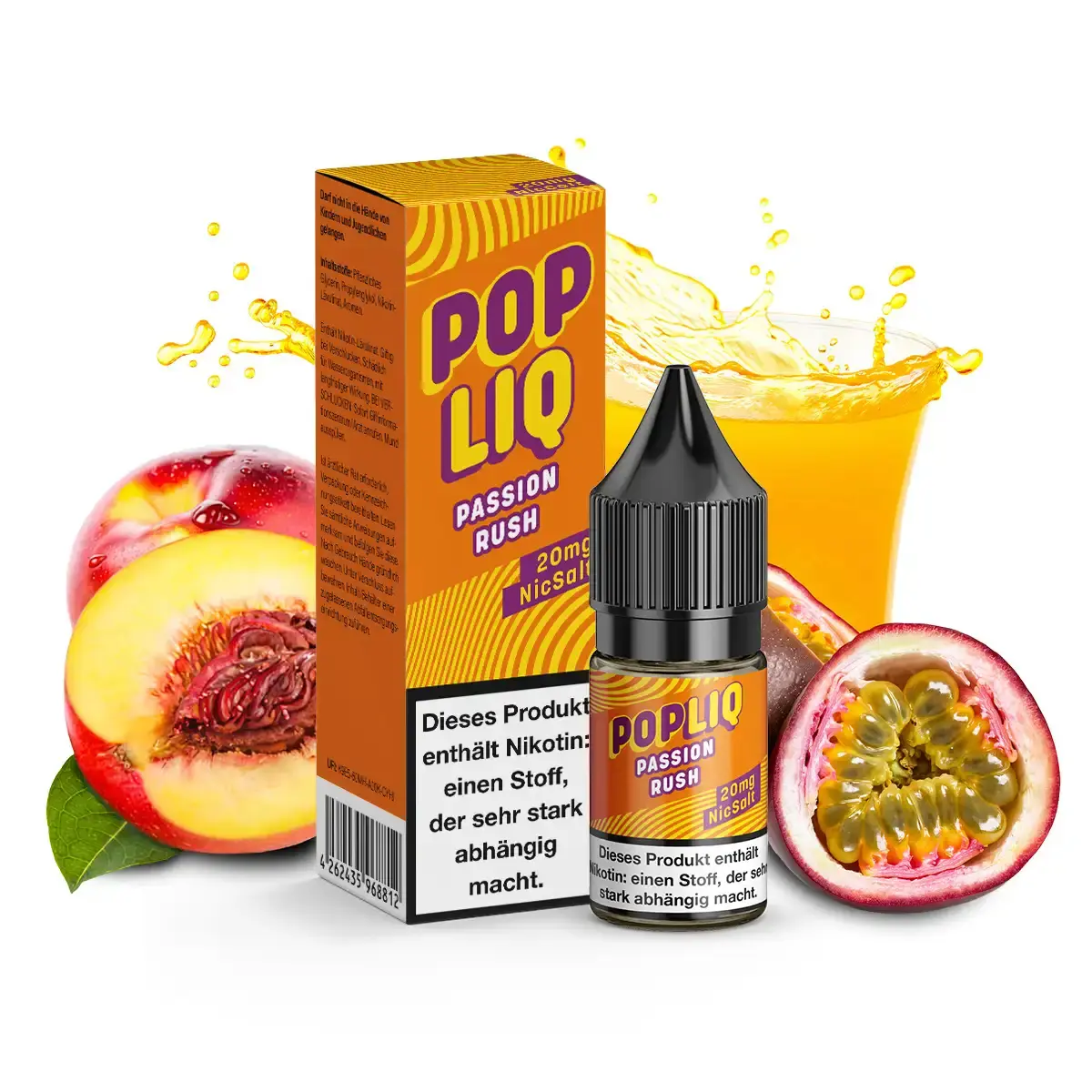 PopLiq Passion Rush 10ml Nikotinsalz-Liquid, Flasche mit orangem Karton, Pfirsich und Maracuja im Hintergrund