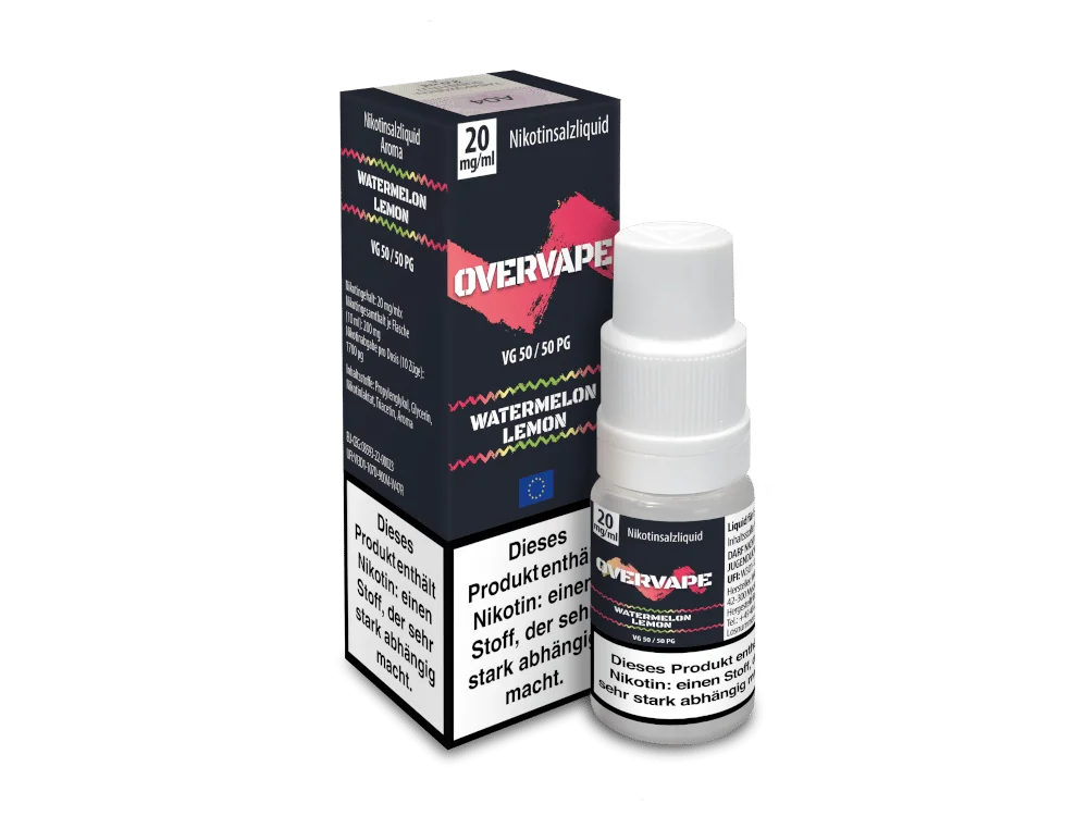 Overvape Watermelon Lemon 10ml Nikotinsalz-Liquid – Flasche mit schwarzer Verpackung, seitliche Ansicht