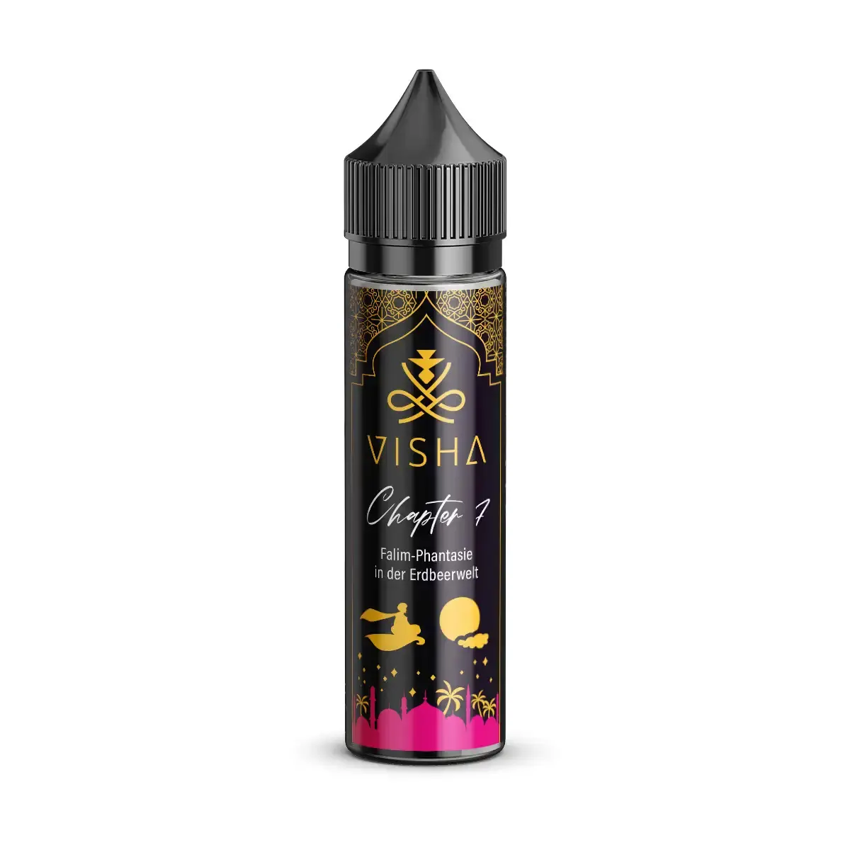 visha-chapter-7-10ml-aroma-longfill-steuerware.png Visha Chapter 7 Longfill – schwarze 60ml Flasche mit rosa-gelbem Fruchtmotiv aus Banane und Beeren