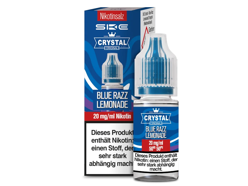 SKE Crystal Blue Razz Lemonade 10ml Nikotinsalz-Liquid, blaue Flasche mit 20 mg Nikotin, Frontansicht