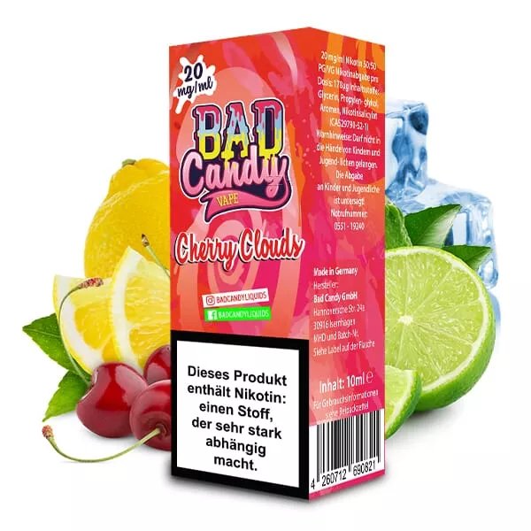 Bad Candy Cherry Clouds 10ml Nikotinsalz-Liquid, rote Verpackung mit Kirschen und Zitrusfrüchten