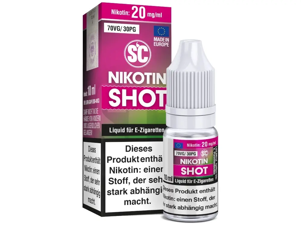 SC Nikotinshot 70/30 20mg/ml, 10ml Flasche mit pinker Verpackung, Vorder- und Rückseite