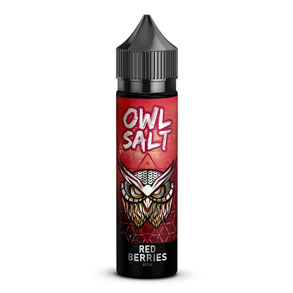 owl-salt-redberries-aroma-1.jpg OWL Salt Red Berries Longfill 60ml Flasche mit Eulen-Logo auf rotem Etikett, Freisteller ohne Früchte