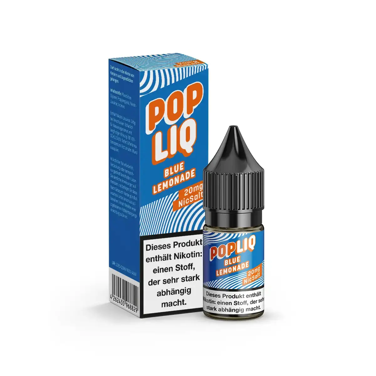 PopLiq Blue Lemonade 10ml Nikotinsalz-Liquid – Flasche und Faltschachtel in Orange-Blau