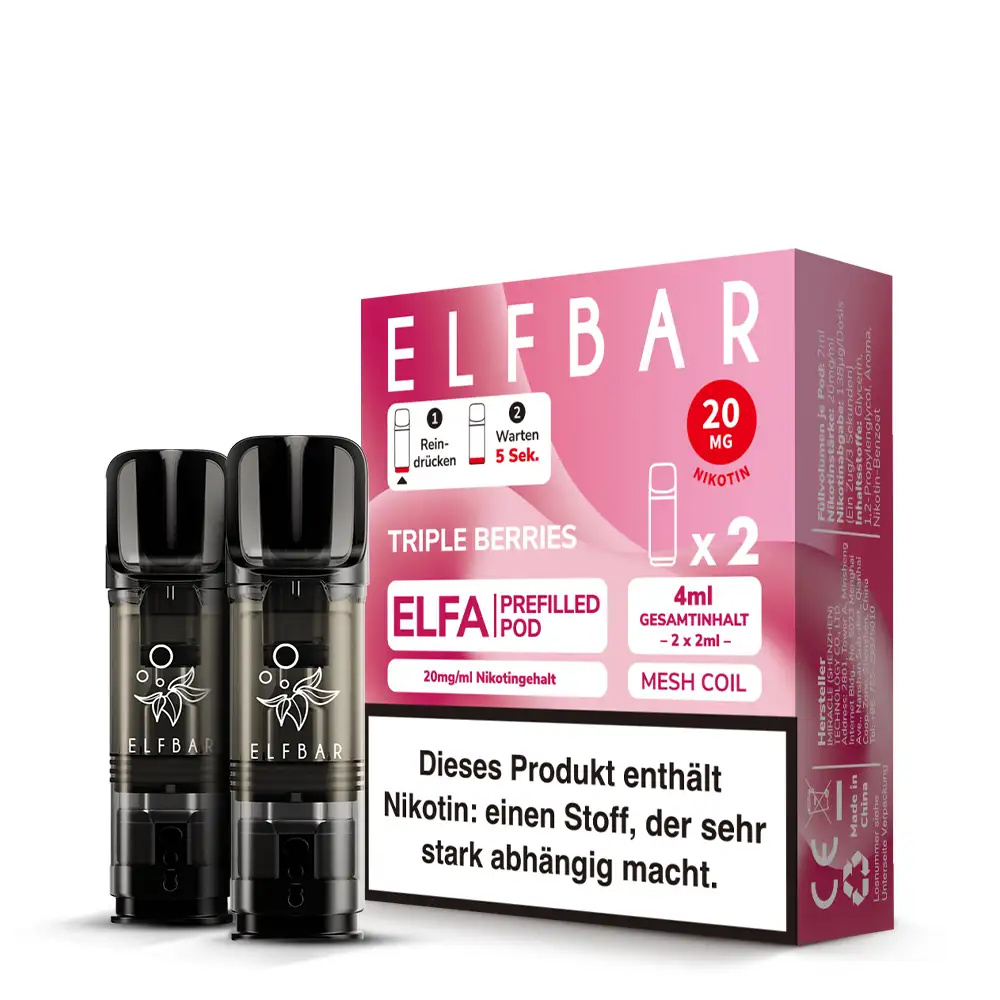 Elfbar Elfa Prefilled Pod Triple Berries – 2er-Packung in rosa Verpackung mit zwei schwarzen Pods