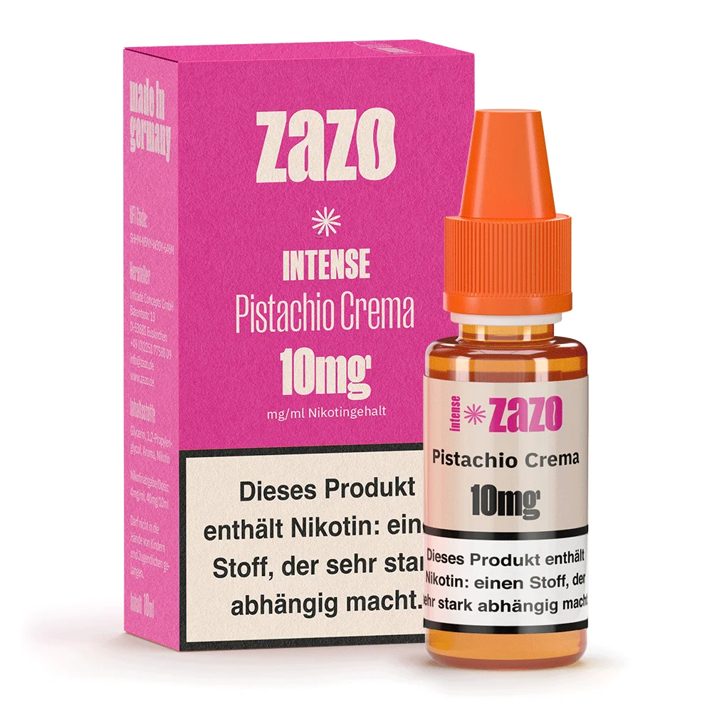 ZAZO Intense Pistachio Crema Nikotinsalz-Liquid 10ml, 10mg, rosa Verpackung mit kleiner Flasche