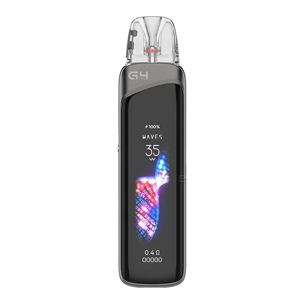 uwell-caliburn-g4-pro-pod-kit-4.jpg Uwell Caliburn G4 Pro Pod Kit in Dunkelgrau mit OLED-Display und transparentem Pod, Frontansicht