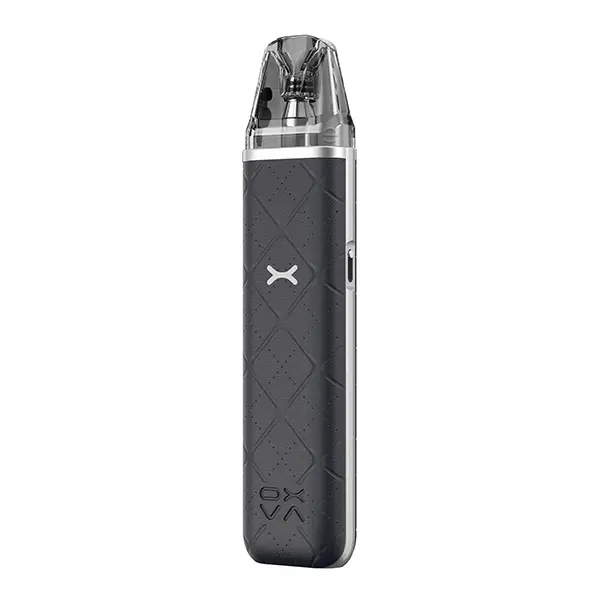 Oxva Xlim Go Pod Kit in Dunkelgrau mit rautenförmigem Textilmuster und transparentem Pod