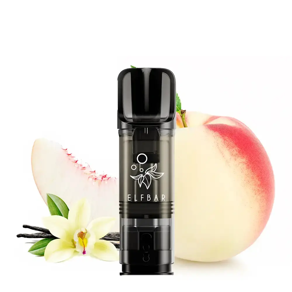 neu-elfbar-elfa-prefilled-pods-2-stueck-vanilla-white-peach-20mg-ml-steuerware~2.png Elfbar Elfa Prefilled Pod Vanilla White Peach – schwarzer Pod vor Pfirsich und Vanilleblüten