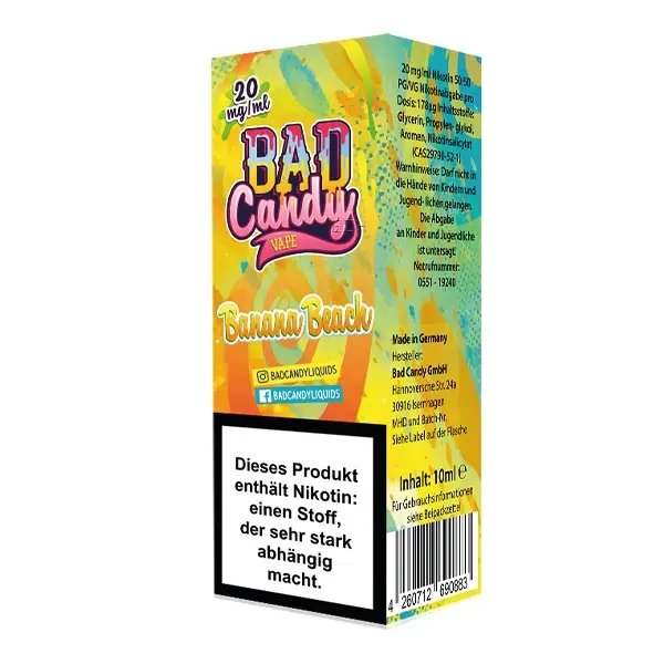 Bad Candy Banana Beach Nikotinsalz-Liquid 10ml Flasche, Rückseite mit Pflichthinweisen