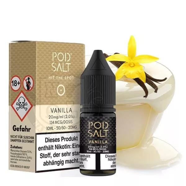 PodSalt Vanilla 10ml Nikotinsalz-Liquid – Flasche mit goldener Verpackung und Vanilleblüte im Hintergrund
