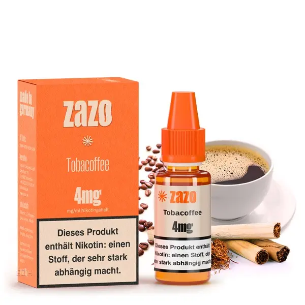 ZAZO Classics Tobacoffee 4mg eLiquid 10ml – orange Verpackung mit Flasche, Kaffeebohnen und Zimtstange