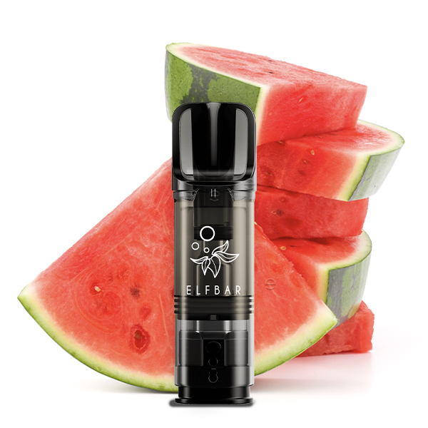 Zwei schwarze Elfbar Elfa Prefilled Pods Watermelon ohne Verpackung, daneben frische Wassermelonenstücke