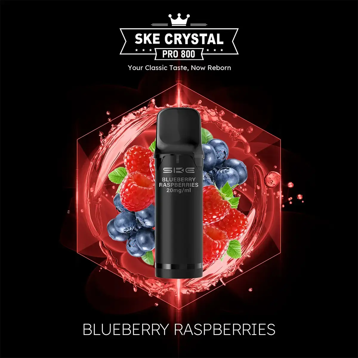 neu-ske-crystal-800-pro-prefilled-pods-matchbar-2-stueck-blueberry-raspberries-20mg-ml-steuerware~2.png SKE Crystal 800 Pro Prefilled Pod Blueberry Raspberries – schwarzer Pod vor rotem Hintergrund mit Heidelbeeren und Himbeeren