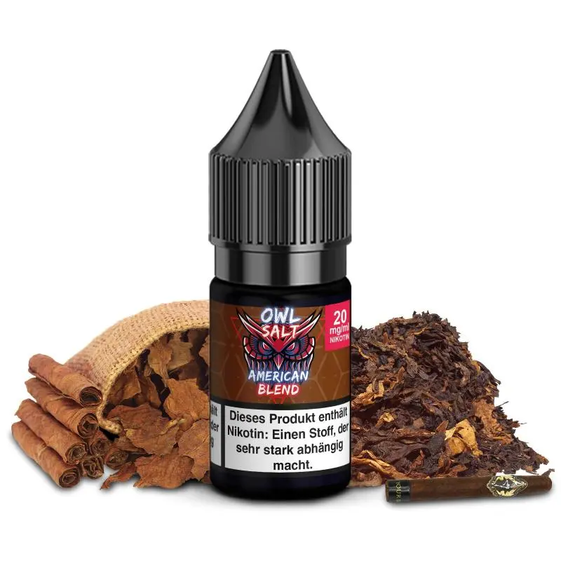 OWL Salt American Blend 10ml Nikotinsalz-Liquid 27mg, schwarze Flasche mit Warnhinweis-Etikett